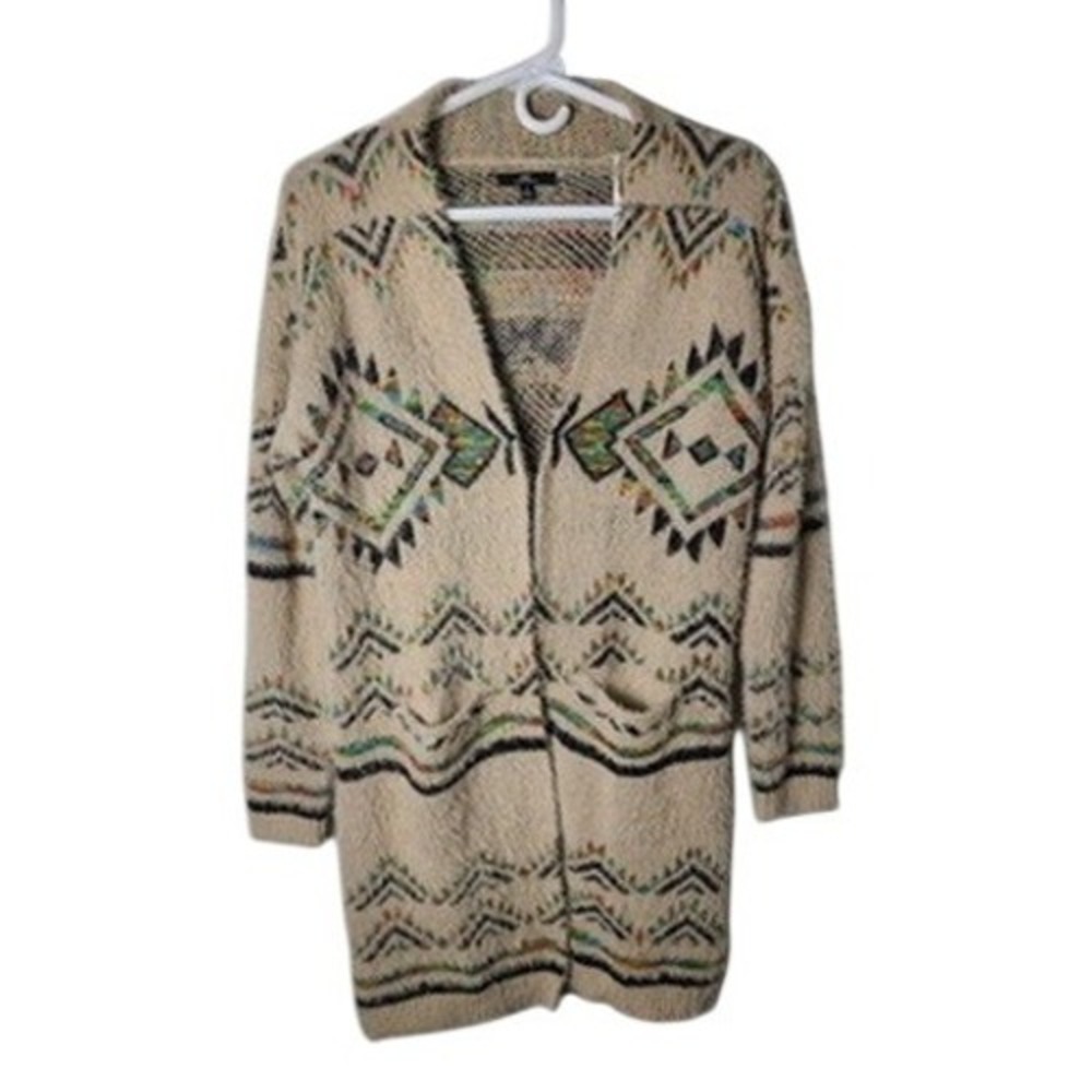 MM by‎ My Michelle Southwestern Eyelash Knit Long Cardigan Sweater Beige Aztec